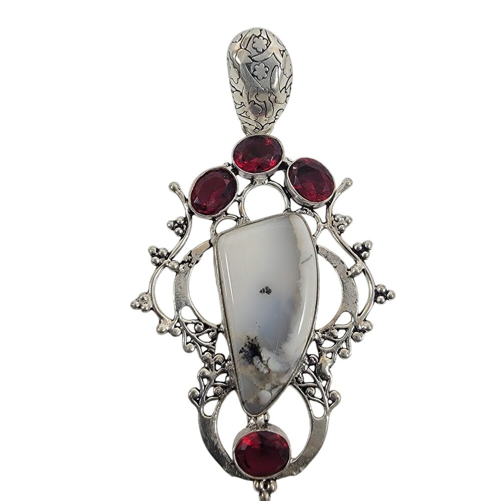 Handmade Silver Pendant with Dendritic Opal & Red Garnet in Ornate Setting